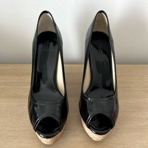 Jimmy Choo Black Patent Wedge with Peep Toe